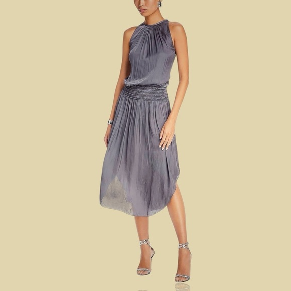 NWT Ramy Brook Smocked Waist ‘Shiny Audrey Halter Dress’ in “Slate Grey” Size XS